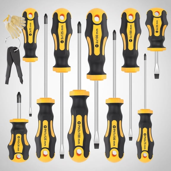 Amartisan 10-Piece Magnetic Screwdrivers Set, 5 Phillips and 5 Slotted Tips Professional Cushion Grip Screwdriver Set 2pcs Portable Multifunction Key Mini Screwdriver (Yellow)