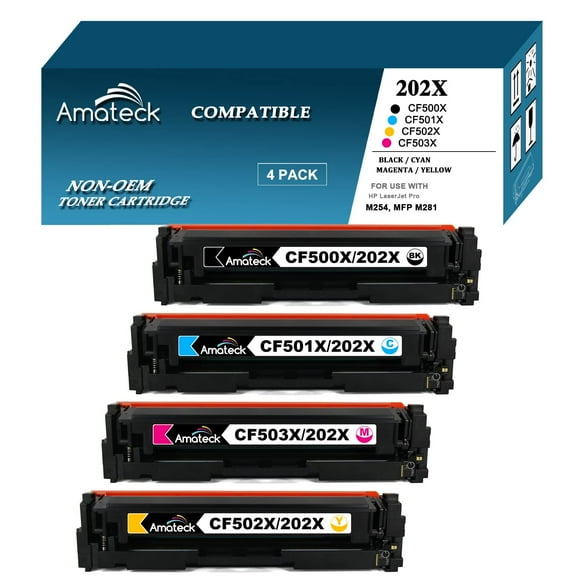 Amateck Compatible HP CF500X CF501X CF502X CF503X (HP 202X) Toner Cartridge 4 Pack Black Cyan Magenta Yellow for Color Pro M254dw, MFP M281cdw, MFP M281fdw