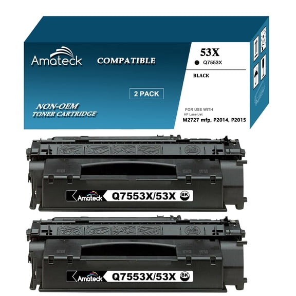 Amateck Compatible High Yield Toner Cartridge Replacement for Q7553X 53X Black 2 Pack for P2015, P2015d, P2015dn, P2015x, M2727 MFP, M2727nf MFP, M2727nfs MFP
