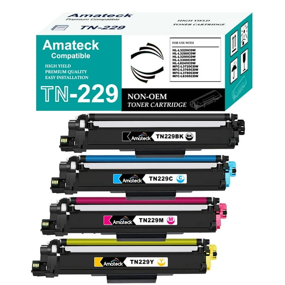 Amateck Compatible Toner Cartridge Replacement for Brother TN229BK TN229C TN229M TN229Y 4 Pack for HL-L3220CDW, HL-L3280CDW, MFC-L3720CDW, MFC-L3765CDW, MFC-L3780CDW, MFC-L8395CDW