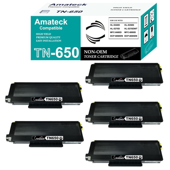 Amateck Compatible Toner Cartridge Replacement for Brother TN650 5 Pack for MFC-8370, 8680DN, 8690DW, 8880DN, 8890DW, HL-5340D, 5350DN, 5350DNLT, 5370DW, 5370DWT, 5380DN, DCP-8050DN, 8080DN, 8085DN