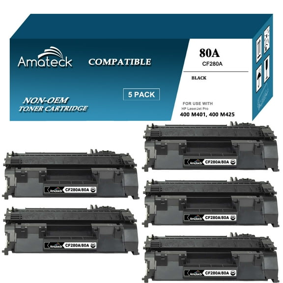 Amateck Compatible Toner Cartridge Replacement for CF280A (HP 80A) Black 5 Pack for LaserJet Pro 400 M401dn, 400 M401dne, 400 M401dw, 400 M401n, 400 M425dn, 400 M401a, 400 MFP M425dw