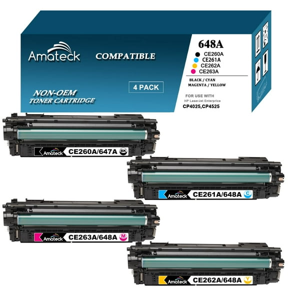 Amateck Compatible Toner Cartridge Replacement for HP CE260A 261A 262A 263A 648A 4 Pack for Color Enterprise CP4025dn, CP4025n, CP4525dn, CP4525n, CP4525xh