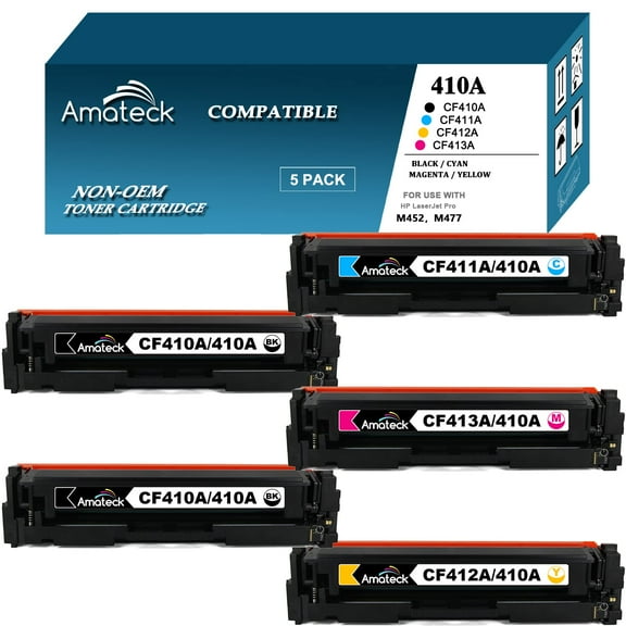 Amateck Compatible Toner Cartridge Replacement for HP CF410A CF411A CF412A CF413A (HP 410A) 5 Pack for Color Laserjet Pro MFP M377dw, M452dn, M452dw, M452nw, MFP M477fdn, M477fdw, M477fnw