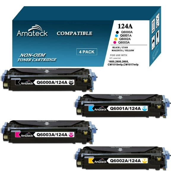 Amateck Compatible Toner Cartridge Replacement for HP Q6000A 6001A 6002A 6003A 124A 4 Pack for Color 1600, 2600n, 2605dn, 2605dtn, CM1015mfp, Color CM1017mfp
