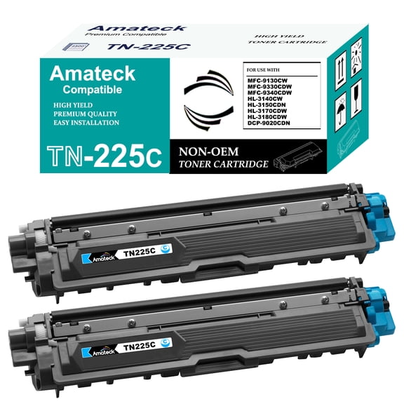 Amateck Compatible Toner Cartridge Replacement for TN225C Cyan 2 Pack for MFC-9130CW, MFC-9330CDW, MFC-9340CDW, HL-3140CW, HL-3150CDN, HL-3170CDW, HL-3180CDW, DCP-9020CDN