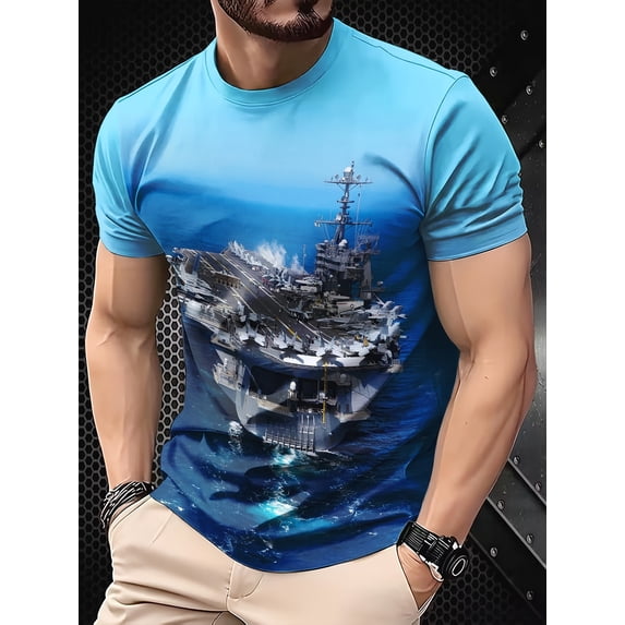 Amateur 3D Aircraft Carrier Print Plus Size T-Shirt - Men's Cool Summer Short Sleeve Polyester Top, Loose Version, Geometric Pattern, Machine Washable, All Season Casual Wear, Large