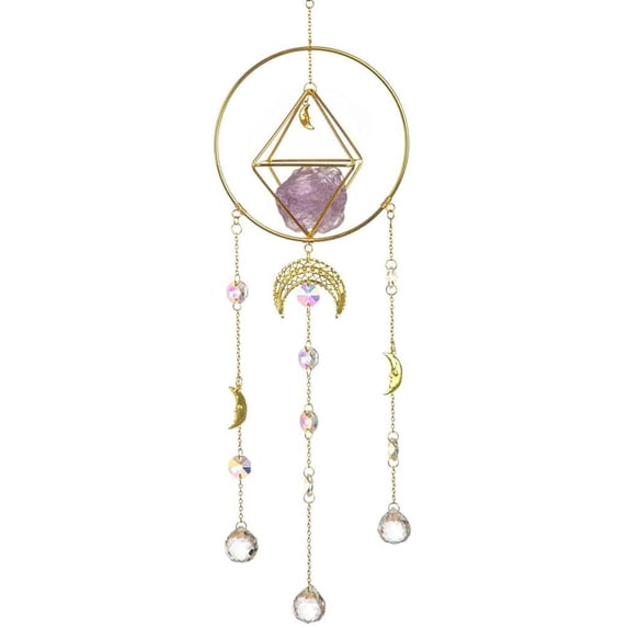 Amathyst, Handmade Gold-Plated Moon Phase Sun Trap, Colored Crystal Sunshade, Prism Sunshade,Window Hanging, Home Decor, Crystal Window Decoration, Fairy Gift