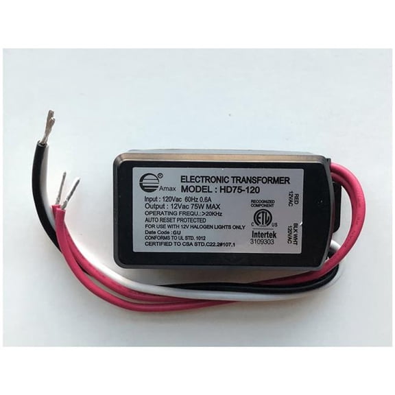 Amax Lighting HD75-120 120V Input & Output 12V 75W Electronic Transformer - Black