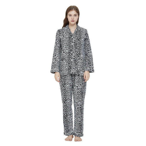 Amaxer Women's 100% Cotton Cozy Flannel Pajama Set - Long Sleeve Button-Up Top with Elastic Waist Pants, Warm & Soft Sleepwear, Leopard Print, L