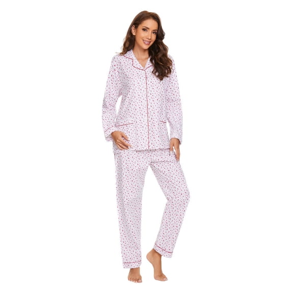 Amaxer Womens Cotton Cozy Flannel Pajama Set - Long Sleeve Button-Up Top with Elastic Waist Pants, Warm & Soft Sleepwear