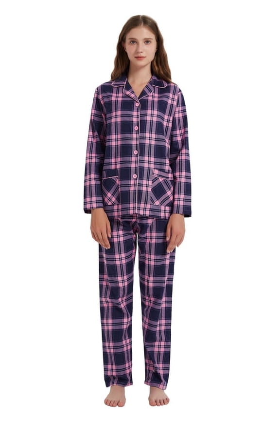 Women's 100% Cotton Cozy Flannel Pajama Set - Long Sleeve Button-Up Top with Elastic Waist Pants, Warm & Soft Sleepwear, Pink and blue plaid, XL
