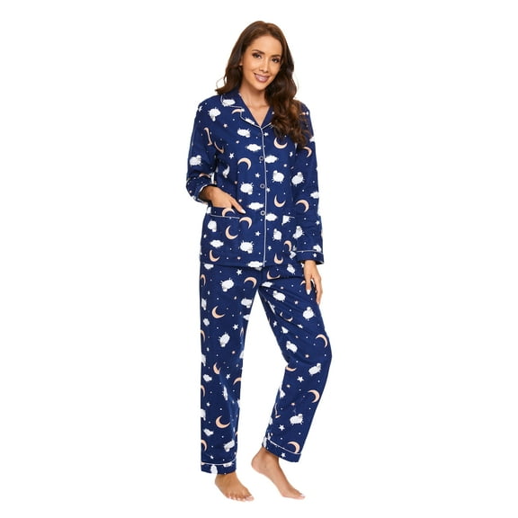 Amaxer Women's 100% Cotton Cozy Flannel Pajama Set - Long Sleeve Button-Up Top with Elastic Waist Pants, Warm & Soft Sleepwear, Cute Lamb, M