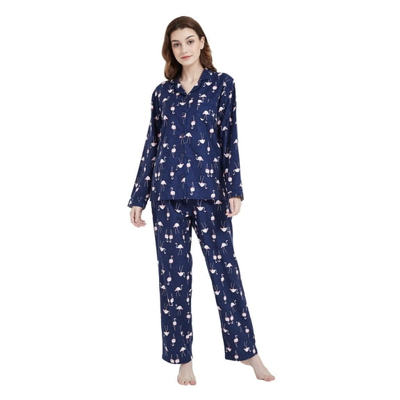 Amaxer Women's 100% Cotton Cozy Flannel Pajama Set - Long Sleeve Button-Up Top with Elastic Waist Pants, Warm & Soft Sleepwear, Pink Plamingo, M