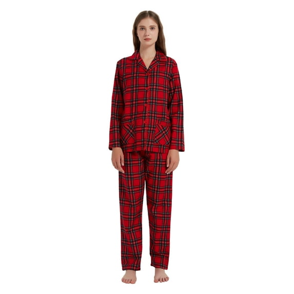 Amaxer Women's 100% Cotton Cozy Flannel Pajama Set - Long Sleeve Button-Up Top with Elastic Waist Pants, Warm & Soft Sleepwear, Red Christmas Plaid-2, XXL