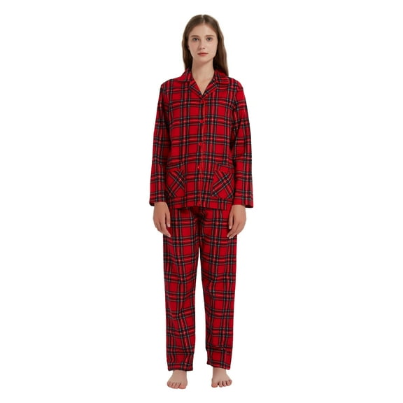 Amaxer Women's 100% Cotton Cozy Flannel Pajama Set - Long Sleeve Button-Up Top with Elastic Waist Pants, Warm & Soft Sleepwear, Red Christmas Plaid-2, S