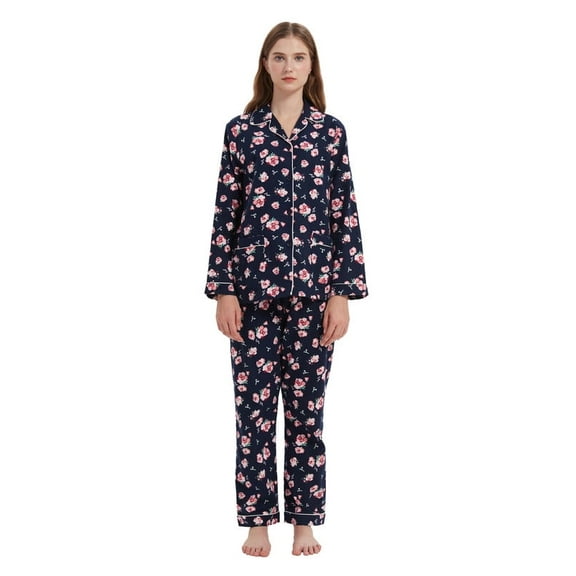 Amaxer Women's 100% Cotton Cozy Flannel Pajama Set - Long Sleeve Button-Up Top with Elastic Waist Pants, Warm & Soft Sleepwear, Pink flowers on dark blue background, L