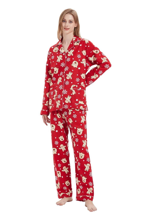 Women's 100% Cotton Cozy Flannel Pajama Set - Long Sleeve Button-Up Top with Elastic Waist Pants, Warm & Soft Sleepwear, Cute Christmas deer and gingerbread man, L