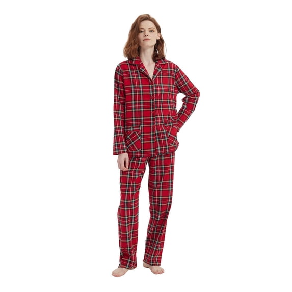Amaxer Womens Cotton Cozy Flannel Pajama Set - Long Sleeve Button-Up Top with Elastic Waist Pants, Warm & Soft Sleepwear
