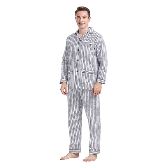 Amaxer Mens Cotton Flannel Pajama Set, Long Sleeve Button‑Down Top & Elastic Waist Long Pants, Breathable Sleep Loungewear, Size L