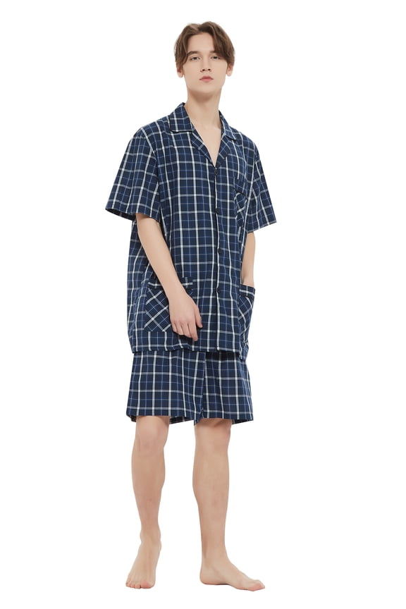 Mens Cotton Short Sleeve and Shorts Yarn Pajama Set, Summer Soft Classic Plaid Loungewear with Pockets, S-XXL