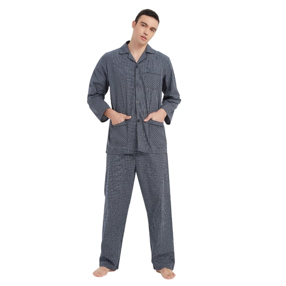 Amaxer Mens Yarn Cotton Notch Collar Pajama Set, Long Sleeve & Long Pants, Lightweight Breathable Loungewear, S-XXL