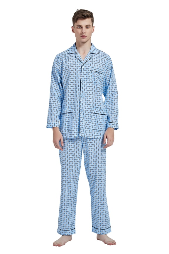 Men's Cotton Notch Collar Pajama Set, Long Sleeve & Long Pants, Lightweight Breathable Loungewear, S-3XL