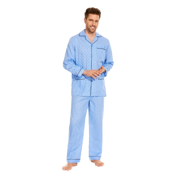 Amaxer Men's Cotton Notch Collar Pajama Set, Long Sleeve & Long Pants, Lightweight Breathable Loungewear, S-3XL