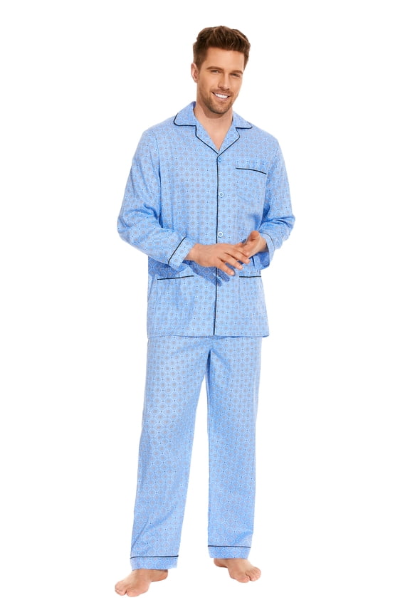 Men's Cotton Notch Collar Pajama Set, Long Sleeve & Long Pants, Lightweight Breathable Loungewear, S-3XL