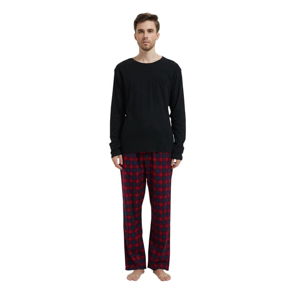 Amaxer Mens Cotton 2-Piece Flannel Pajama Sets - Crew Neck Knit Top Flannel Plaid Pants | Soft, Breathable Sleepwear for Men