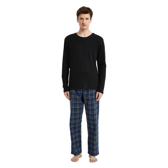 Amaxer Mens Cotton 2-Piece Flannel Pajama Sets - Crew Neck Knit Top Flannel Plaid Pants | Soft, Breathable Sleepwear for Men
