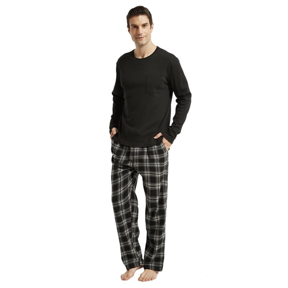 Amaxer Mens Cotton 2-Piece Flannel Pajama Sets - Crew Neck Knit Top Flannel Plaid Pants | Soft, Breathable Sleepwear for Men
