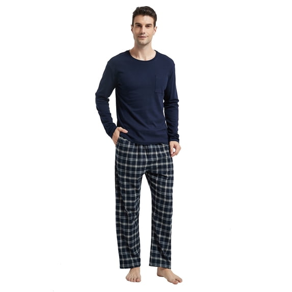 Amaxer Mens Cotton 2-Piece Flannel Pajama Sets - Crew Neck Knit Top Flannel Plaid Pants | Soft, Breathable Sleepwear for Men