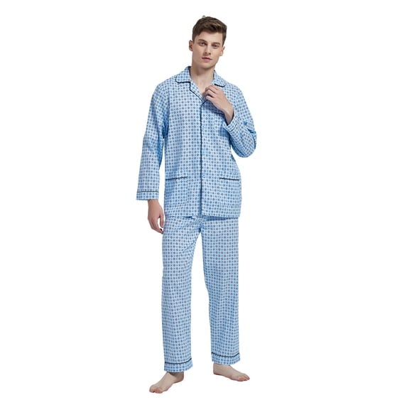 Amaxer Mens Cotton Pajama Set Cozy Button Up Sleepwear with Pockets Long Sleeve Lounge Wear Sky blue print M