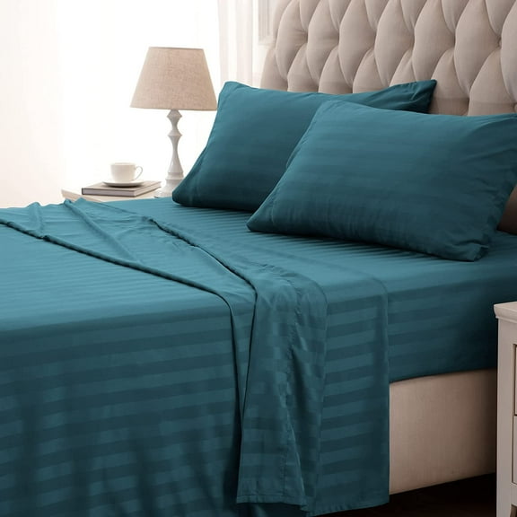 Amay 800TC Organic Cotton Olympic Queen Size Fitted Sheet ( 66X80 ) Fits Mattress Upto 10-12 inches Teal Stripe