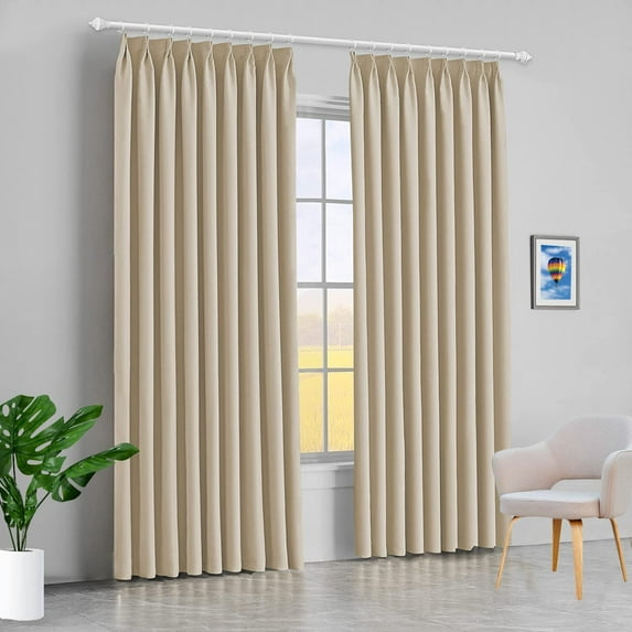 Amay Blackout Double Pinch Pleated Curtains Panel Beige Solid, 72 Inch Wide by 96 Inch Long- 1Panel