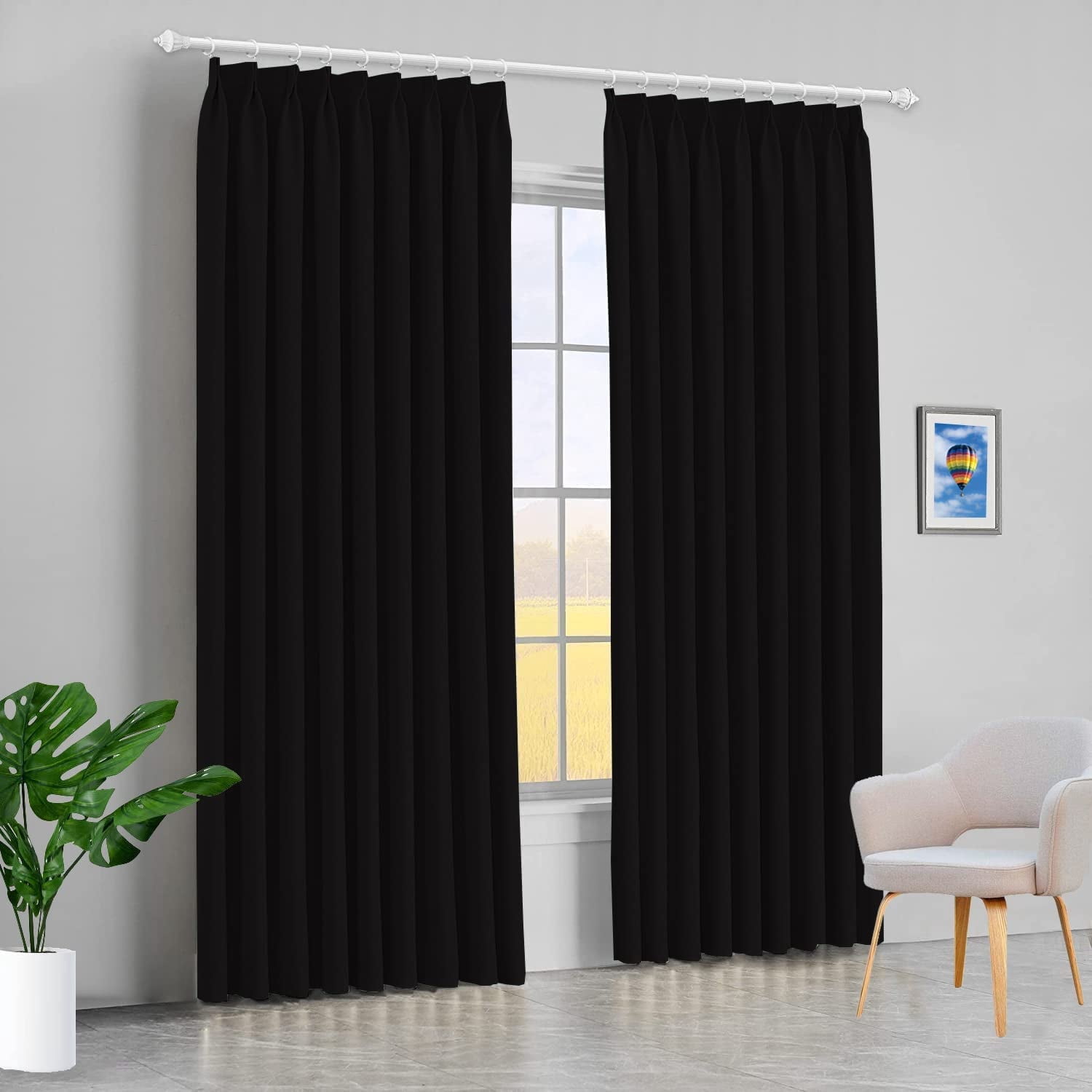 Amay Blackout Double Pinch Pleated Curtains Panel Black Solid, 72 Inch Wide by 96 Inch Long- 1Panel