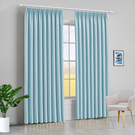 Amay Blackout Double Pinch Pleated Curtains Panel Light Blue Solid, 100 Inch Wide by 84 Inch Long- 1Panel