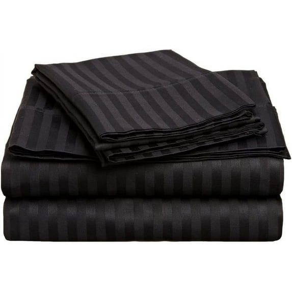 Amay Egyptian Cotton 600-Thread Count 4-PCs Sheet Set Fits Easily Fit upto 9-12" Inch Deeps Stripe Pattern ( King, Black )