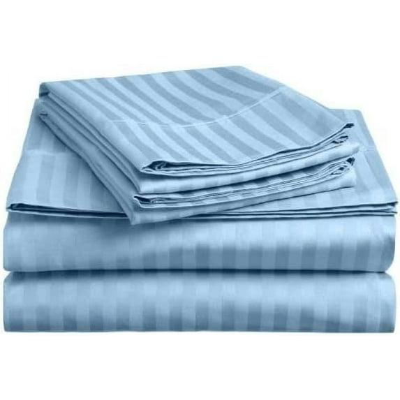 Amay Egyptian Cotton 600-Thread Count 4-PCs Sheet Set Fits Easily Fit upto 9-12" Inch Deeps Stripe Pattern ( RV King, Light Blue )
