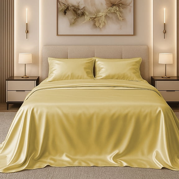 Amay Luxury Satin Silk Bed Sheet Set - 4 Piece Bedding Set with Fitted Sheet, Flat Sheet & 2 Pillowcases - Ultra Soft, Smooth, Wrinkle Resistant ( Full, Gold)