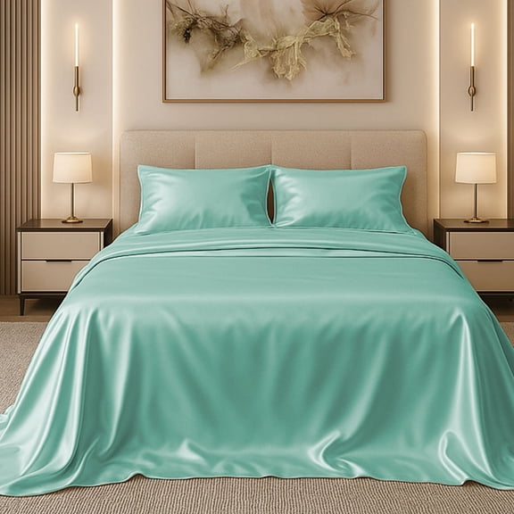 Amay Luxury Satin Silk Bed Sheet Set - 4 Piece Bedding Set with Fitted Sheet, Flat Sheet & 2 Pillowcases - Ultra Soft, Smooth, Wrinkle Resistant ( RV King, Aqua )