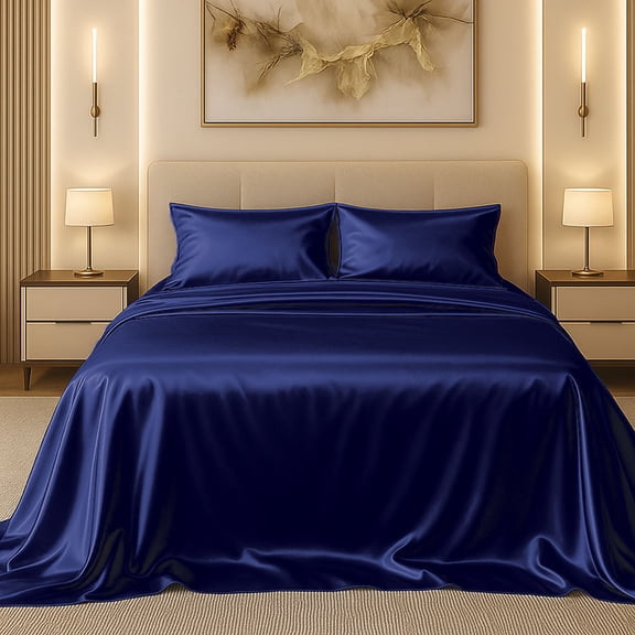 Amay Luxury Satin Silk Bed Sheet Set - 4 Piece Bedding Set with Fitted Sheet, Flat Sheet & 2 Pillowcases - Ultra Soft, Smooth, Wrinkle Resistant ( RV King, Navy Blue)