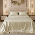 thumbnail image 1 of Amay Luxury Satin Silk Bed Sheet Set - 4 Piece Bedding Set with Fitted Sheet, Flat Sheet & 2 Pillowcases - Ultra Soft, Smooth, Wrinkle Resistant ( Short Queen, Ivory), 1 of 6