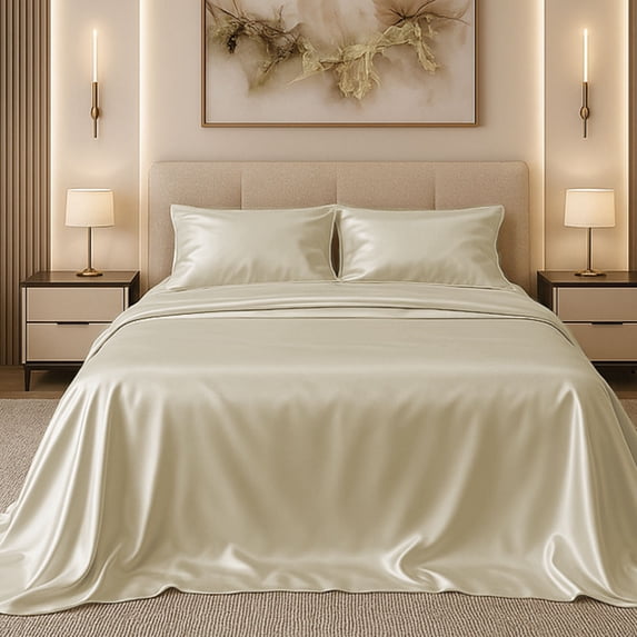 Amay Luxury Satin Silk Bed Sheet Set - 4 Piece Bedding Set with Fitted Sheet, Flat Sheet & 2 Pillowcases - Ultra Soft, Smooth, Wrinkle Resistant ( Short Queen, Ivory)
