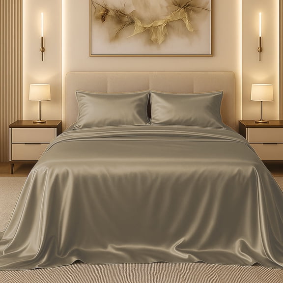 Amay Luxury Satin Silk Bed Sheet Set - 4 Piece Bedding Set with Fitted Sheet, Flat Sheet & 2 Pillowcases - Ultra Soft, Smooth, Wrinkle Resistant ( Short Queen, Taupe)