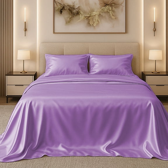 Amay Luxury Satin Silk Bed Sheet Set - 4 Piece Bedding Set with Fitted Sheet, Flat Sheet & 2 Pillowcases - Ultra Soft, Smooth, Wrinkle Resistant ( Split King, lavender)