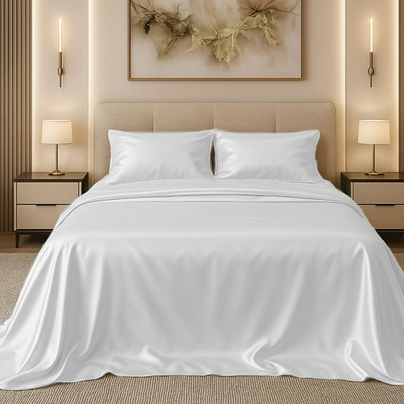 Amay Luxury Satin Silk Bed Sheet Set - 4 Piece Bedding Set with Fitted Sheet, Flat Sheet & 2 Pillowcases - Ultra Soft, Smooth, Wrinkle Resistant ( Twin, White )