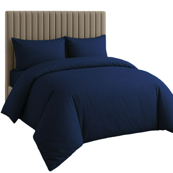 Amay Organic Cotton Duvet Cover Set, 3 Piece, 500 Thread Count, Twin Size Bedding Set Navy Blue Solid Luxury Comforter Quilt Cover with Zipper & Ties