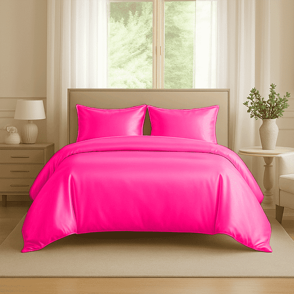 Amay Satin Silk Alaskan King Duvet Cover Set (120"×120", Hot Pink ) – Ultra-Luxury Feel – Ideal for Family Beds, Extra-Large Master Suites – 3-Piece Set